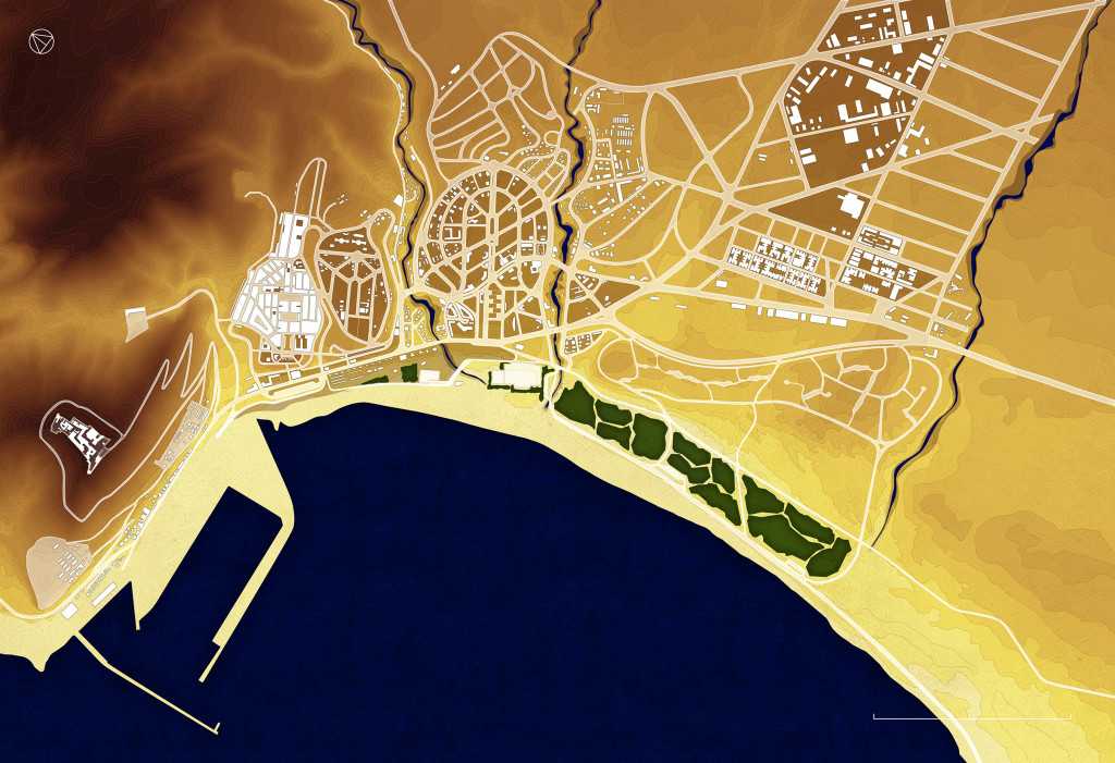 La città di Agadir prima del terremoto del 1960. Pianta. Da sinistra: la Quasba, il Talborjt, il Quartiere Amministrativo, il Quartiere Europeo, compreso tra il Wadi Tildi e il Wadi Tanaout e il Quartiere Industriale. Elaborazione dell’Autore.
