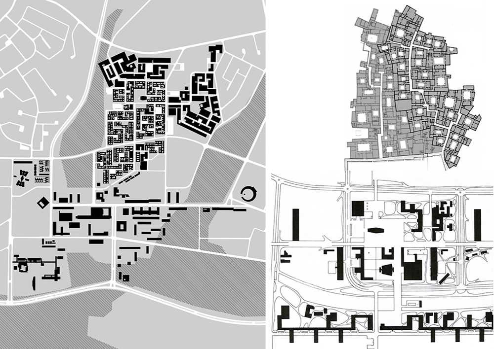 La nuova Agadir. A sinistra, il core di Agadir a confronto con il quartiere residenziale “Nuovo Talborjt”; a destra, il progetto per Saint-Dié di Le Corbusier a sistema con un quartiere della medina di Fèz. Elaborazione dell’Autore.