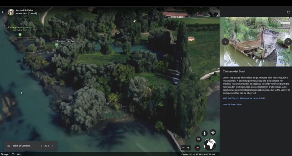 Mappare la sostenibilità, fotogramma con veduta aerea di un'area fluviale con barche in rovina